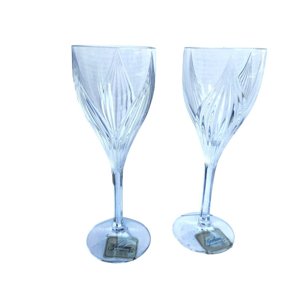 Gorham MM Primrose 8" Lead Crystal Wine Glasses Germany Retired Pattern Set of 2